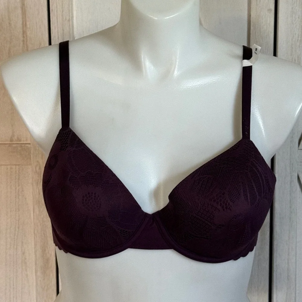 NEW Aerie Real Good Demi Bra 36D Dark Plum Floral Lace Underwire Scalloped NWT